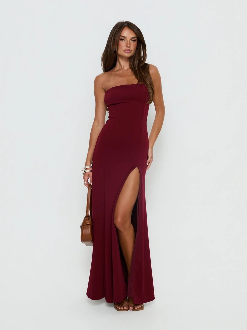 Diamanti Strapless High Slit Maxi Dress Burgund